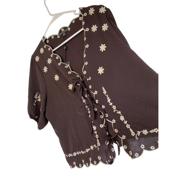 NWT Brown Embroidered Blouse Tie Front Puff Sleeves Boho Style NWT Size L - Picture 3 of 10